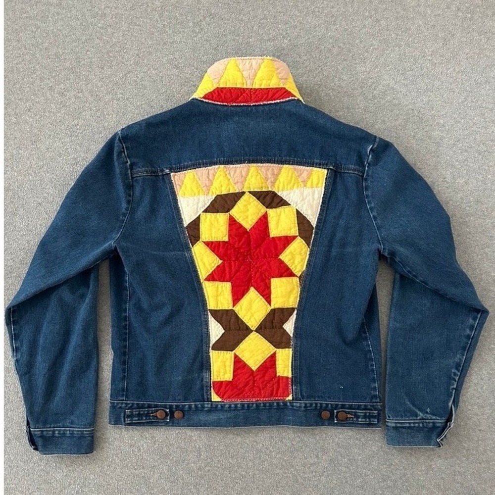 Vintage Wrangler Trucker Jacket L/XL No Fault Upcycled Patchwork Quilt Denim USA